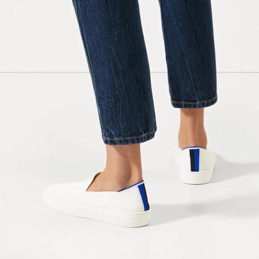 Rothy’s The Original Slip On Sneaker W8 Bright White Blue Stripe Comfort Shoes